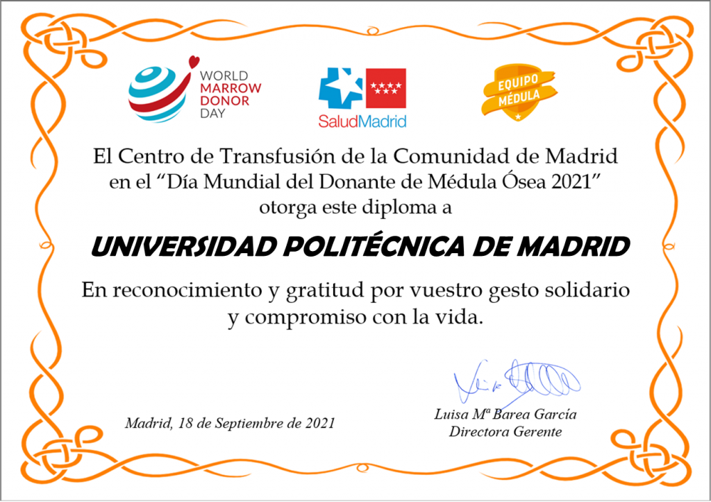 Diploma del Centro de Transfución de la Comunidad de Madrid a la Universidad Politécnica de Madrid con motivo del Día Mundial del Donante de Médula Ósea